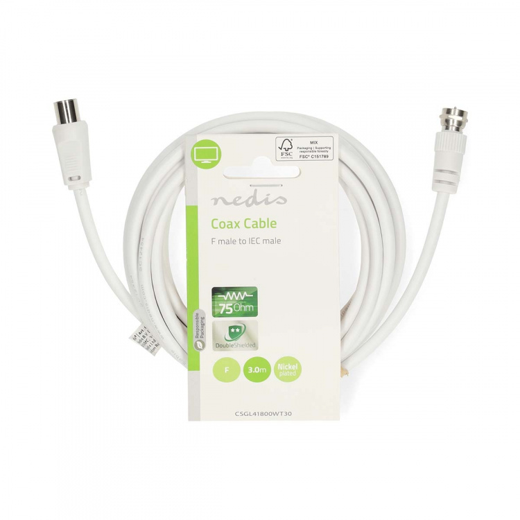 Nedis Satellite & Antenn kabel | F Hane | IEC (Koax) Hane | Nickelplaterad | 75 Ohm | Dubbelskärmad | 3.00 m | Rund | PVC | Vit | Label Nedis Satellite & Antenn kabel | F Hane | IEC (Koax) Hane | Nickelplaterad | 75 Ohm | Dubbelskärmad | 3.00 m | Rund | PVC | Vit | Label