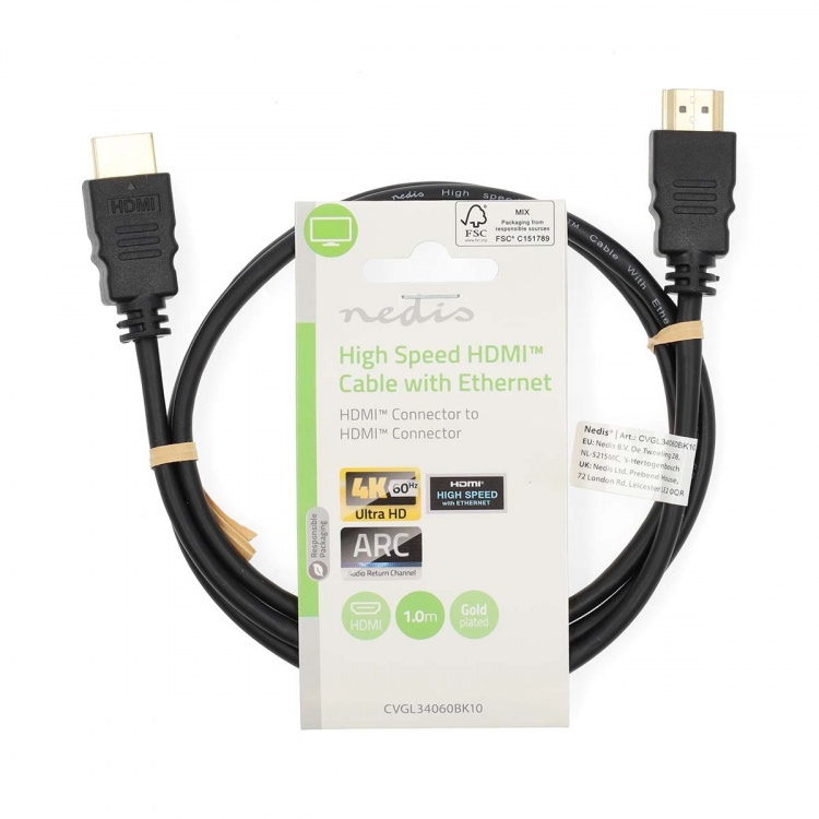 Nedis High Speed ​​HDMI ™ kabel med Ethernet | HDMI™ Kontakt | HDMI™ Kontakt | 4K@60Hz | ARC | 18 Gbps | 1.00 m | Rund | PVC | Svart | Label