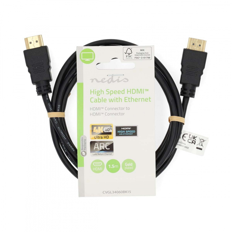 Nedis High Speed ​​HDMI ™ kabel med Ethernet | HDMI™ Kontakt | HDMI™ Kontakt | 4K@60Hz | ARC | 18 Gbps | 1.50 m | Rund | PVC | Svart | Label