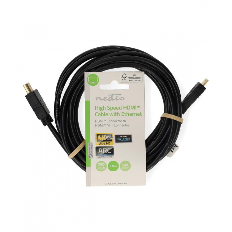 Nedis High Speed HDMI ™ kabel med Ethernet | HDMI™ Kontakt | HDMI™ Mini kontakt | 4K@30Hz | 10.2 Gbps | 3.00 m | Rund | PVC | Svart | Label Nedis High Speed HDMI ™ kabel med Ethernet | HDMI™ Kontakt | HDMI™ Mini kontakt | 4K@30Hz | 10.2 Gbps | 3.00 m | Rund | PVC | Svart | Label