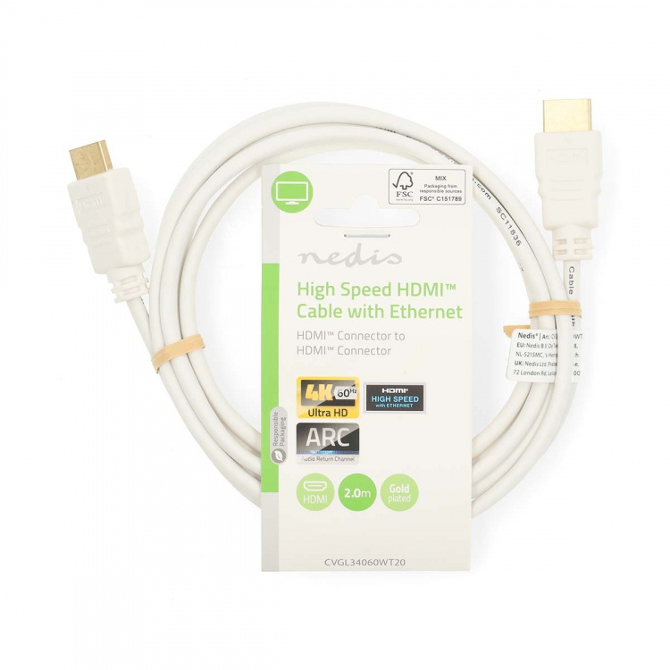 Nedis High Speed HDMI ™ kabel med Ethernet | HDMI™ Kontakt | HDMI™ Kontakt | 4K@60Hz | ARC | 18 Gbps | 2.00 m | Rund | PVC | Vit | Label Nedis High Speed HDMI ™ kabel med Ethernet | HDMI™ Kontakt | HDMI™ Kontakt | 4K@60Hz | ARC | 18 Gbps | 2.00 m | Rund | PVC | Vit | Label