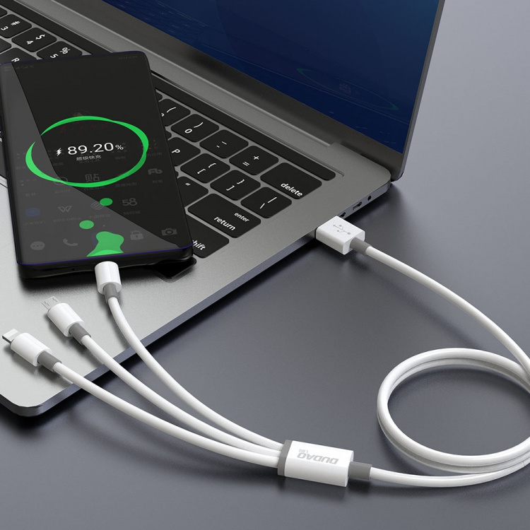 Dudao L8s uppgradering USB-A till Lightning/USB Micro/USB-C 3-i-1-kabel 1,2 m vit