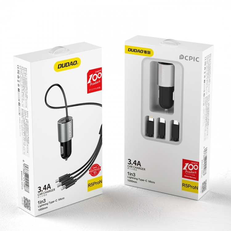 Dudao R5ProN biladapter 17Watt Lightning/USB-C/USB Micro 1m