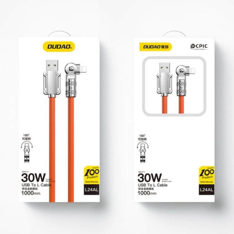 Dudao L24AL USB-A till vinklad Lightning-kabel 30W 1m 180° rotation orange