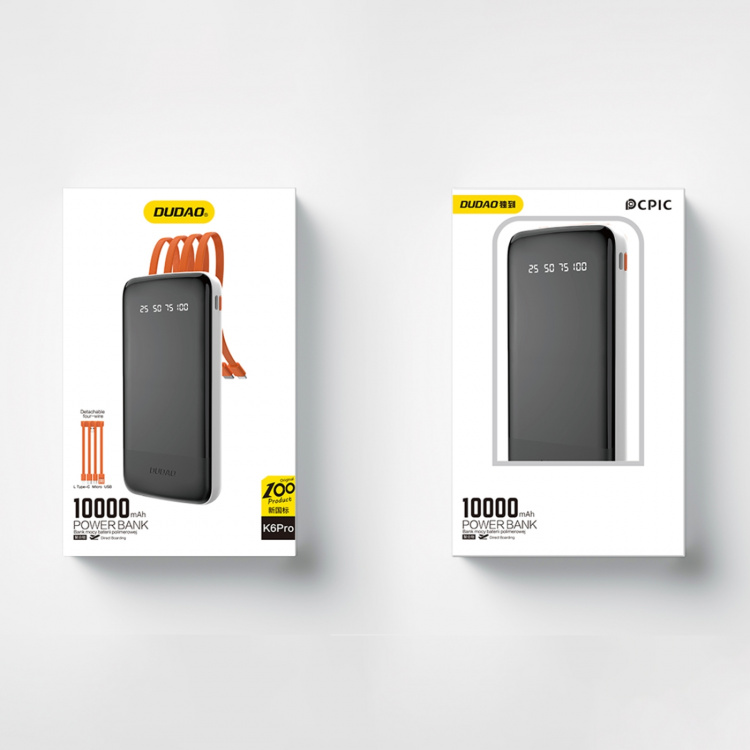 Dudao K6Pro powerbank 10000mAh 10Watt 4xkablar vit Dudao K6Pro powerbank 10000mAh 10Watt 4xkablar vit