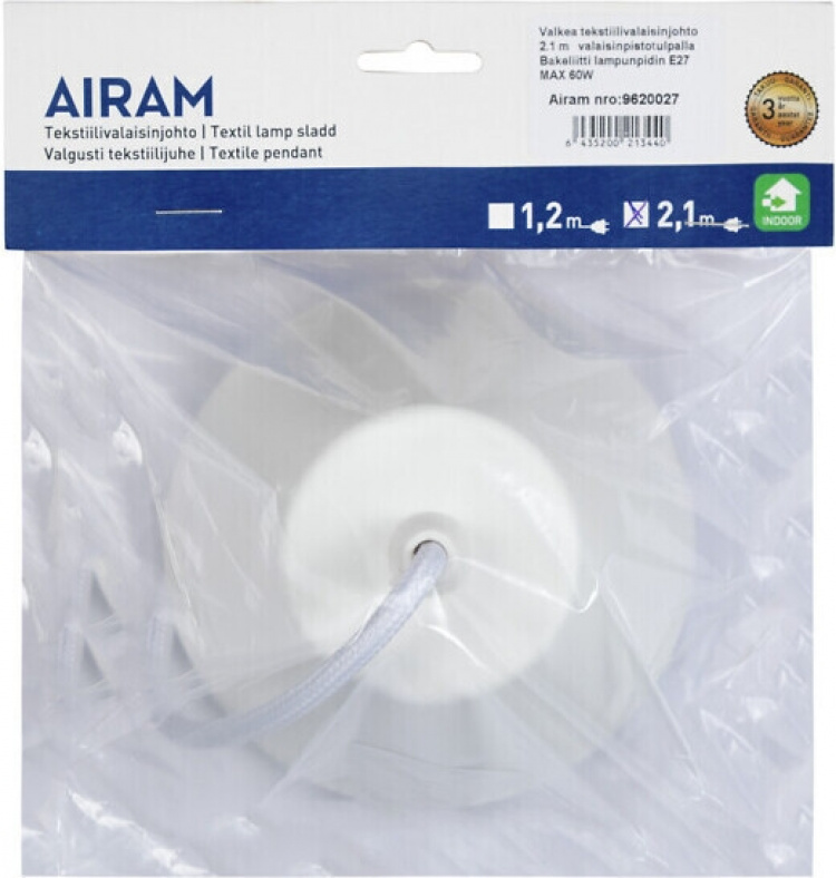 Airam lampsladd i textil + E27-kontakt, 2,1 m, vit