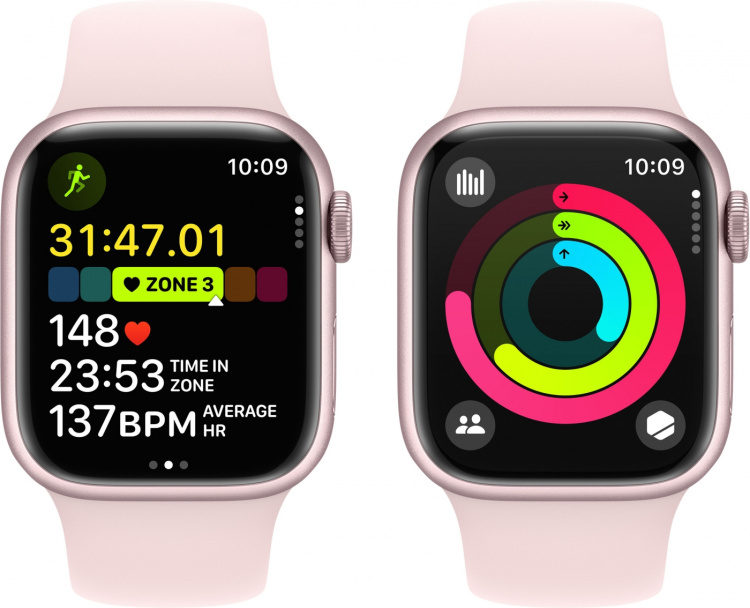 Apple Watch Series 9 (GPS) 41 mm rosa aluminiumboett och rosa sportarmband, M/L (MR943)