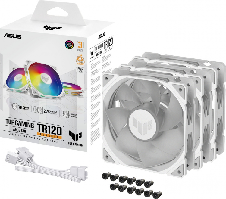 ASUS TUF Gaming TR 120 ARGB Reverse PWM-fläkt, 120 mm, vit, 3-pack ASUS TUF Gaming TR 120 ARGB Reverse PWM-fläkt, 120 mm, vit, 3-pack