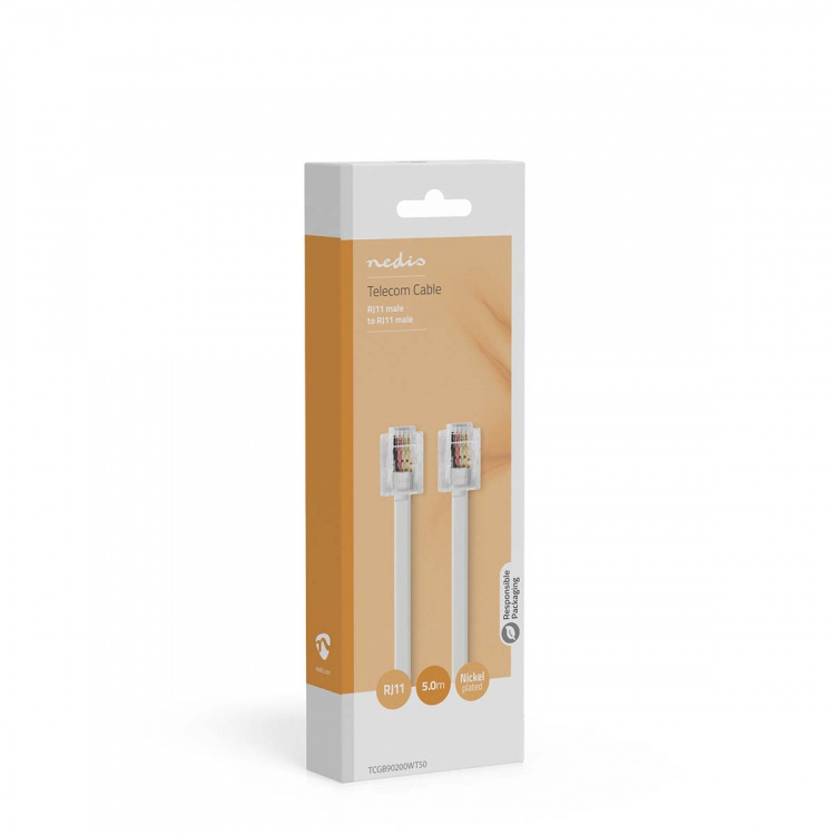 Nedis Telekomkabel | RJ11 Hane | RJ11 Hane | 5.00 m | Kabelns utformning: Platt | Kabeltyp: RJ11 | Transparent / Vit