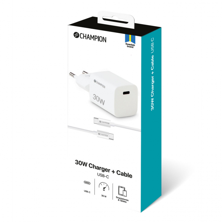 Champion Laddare 30W + USB-C Kabel Vit Champion Laddare 30W + USB-C Kabel Vit