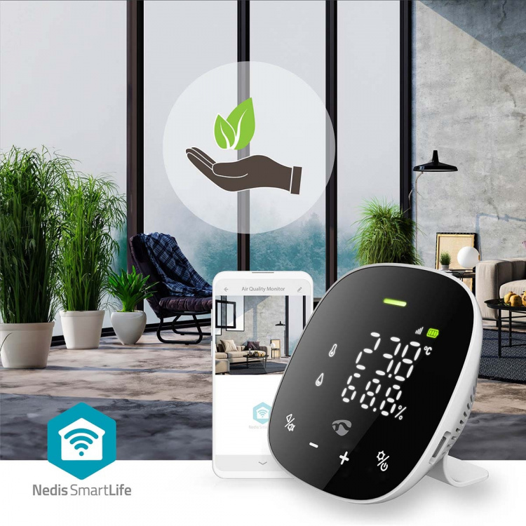 Nedis SmartLife luftkvalitetsmätare | Wi-Fi | Inkluderar display | Koldioxid (CO2) / Luftfuktighet / Temperatur | Android™ / IOS | Svart / Vit