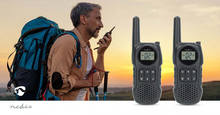 Nedis Walkie-talkie Set | 2 handenheter | Upp till 10 km | Frekvens kanaler: 8 | PTT / VOX | Upp till 3 timmar | Hörlursuttag | Svart