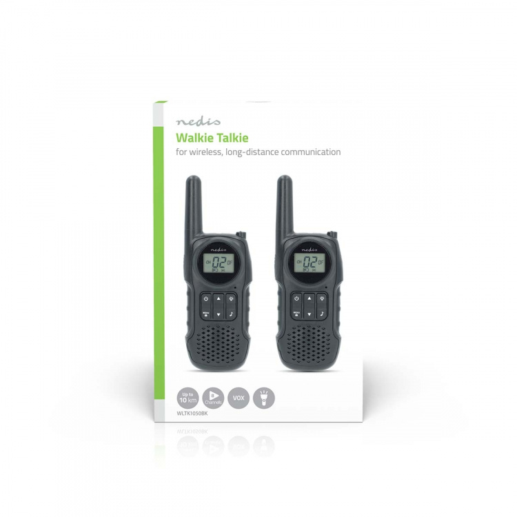 Nedis Walkie-talkie Set | 2 handenheter | Upp till 10 km | Frekvens kanaler: 8 | PTT / VOX | Upp till 3 timmar | Hörlursuttag | Svart