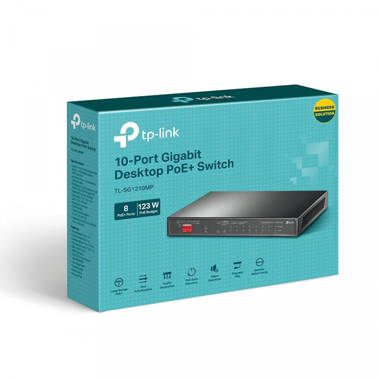 TP-Link 10-portars gigabitswitch för skrivbord med 8-portars PoE+ TP-Link 10-portars gigabitswitch för skrivbord med 8-portars PoE+