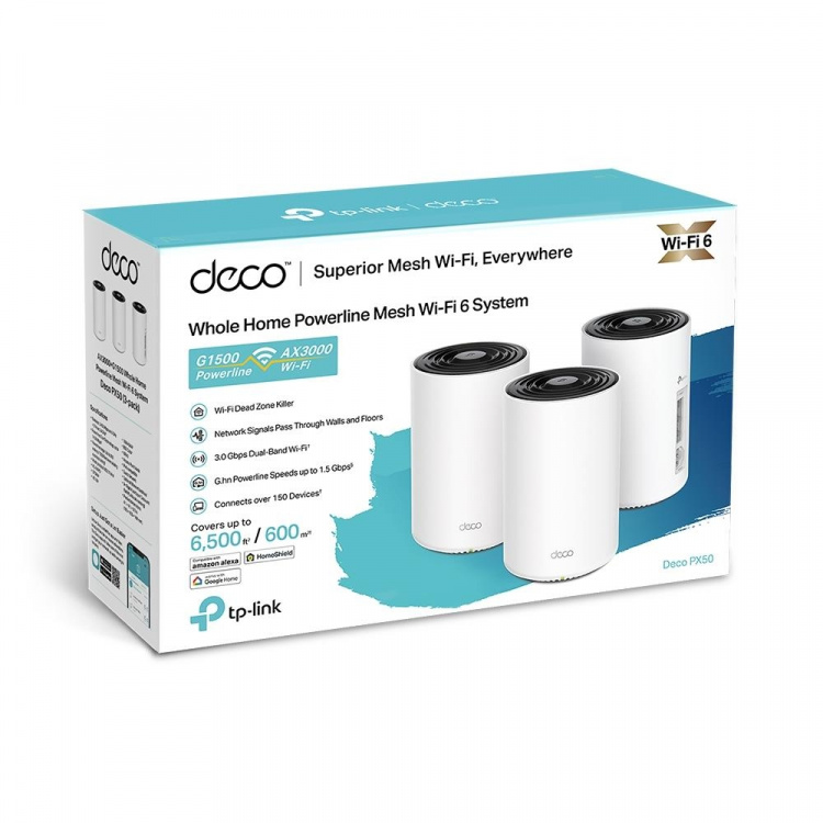 TP-Link Deco PX50 Wi-Fi 6 AX3000 + G1500 Powerline Mesh-system för hela hemmet (3-pack)