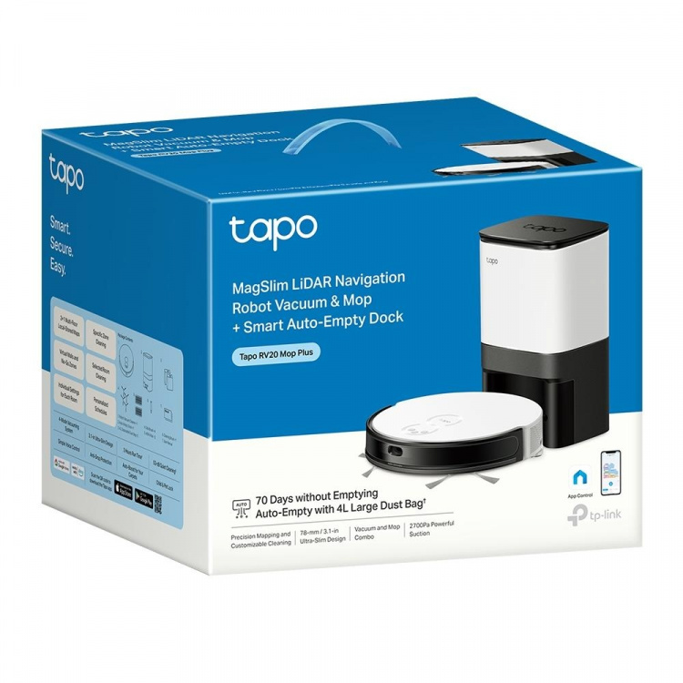 TP-Link Tapo MagSlim LiDAR-navigering Robotdammsugare och Mopp+ Smart Auto-Empty Dock /Tapo RV20 Mopp Plus