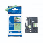 Brother TZe-RM34 trycker guldfärgad text på mintgrönt 12 mm satinband