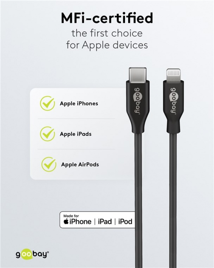 Goobay Lightning till USB-C™ laddnings- och synkroniseringskabel, 0,5 m, svart MFi-kabel för Apple iPhone/iPad Goobay Lightning till USB-C™ laddnings- och synkroniseringskabel, 0,5 m, svart MFi-kabel för Apple iPhone/iPad