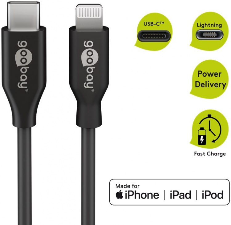 Goobay Lightning till USB-C™ laddnings- och synkroniseringskabel, 2 m, svart MFi-kabel för Apple iPhone/iPad