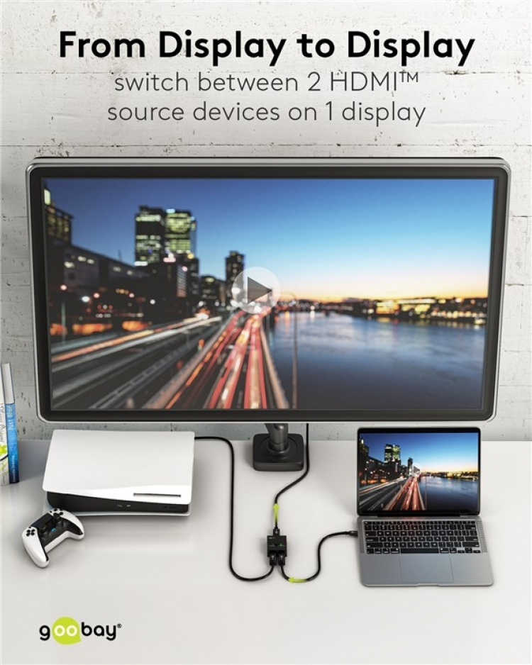 Goobay Manuell HDMI™-omkopplare 2 till 1 (4K @ 30 Hz) för att växla mellan 2x HDMI™-enheter som är anslutna till 1x HDMI™-skärm