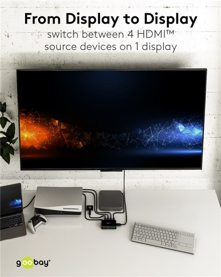 Goobay Manuell HDMI™-omkopplare 4 till 1 (4K @ 60 Hz) för att växla mellan 4x HDMI™-enheter som är anslutna till 1x HDMI™-skärm Goobay Manuell HDMI™-omkopplare 4 till 1 (4K @ 60 Hz) för att växla mellan 4x HDMI™-enheter som är anslutna till 1x HDMI™-skärm