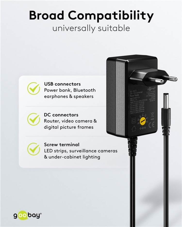 Goobay Universalnätdel 3 V - 12 V, max. 27 W, 2,25 A inkl. 11 adaptrar: 7 DC-adaptrar plus USB-C™, USB-A, USB Mini-B, Micro-USB och terminalblock