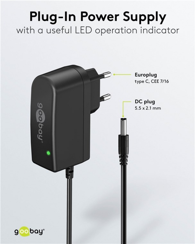 Goobay 12 V nätdel (7,2 W / 0,6 A) med centrumstift (han) 5,5 mm x 2,1 mm