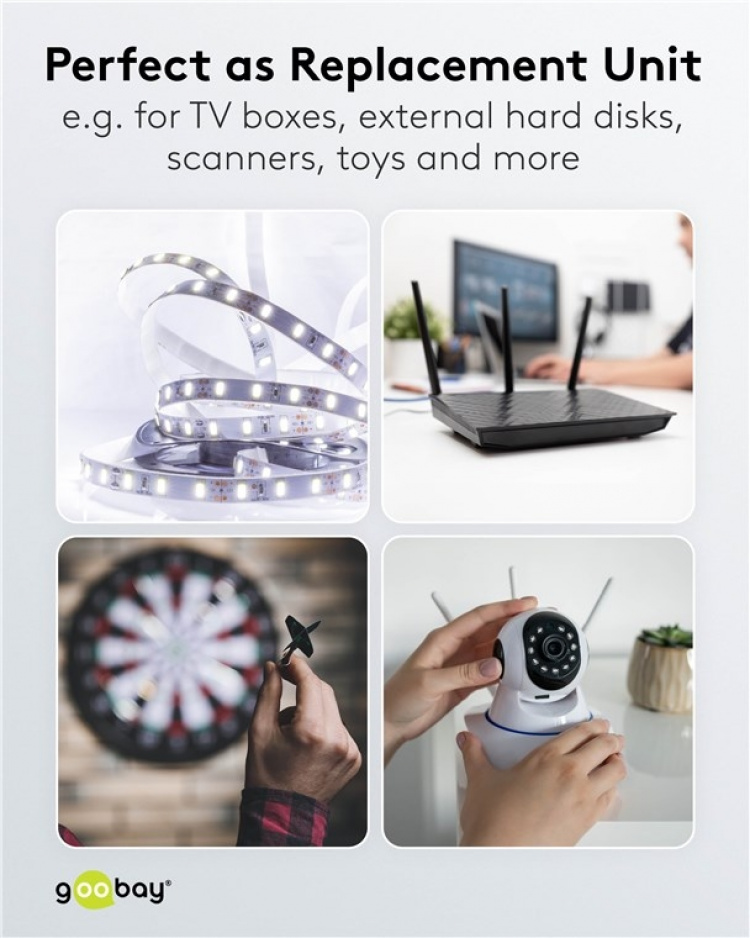 Goobay 12 V nätdel (7,2 W / 0,6 A) med centrumstift (han) 5,5 mm x 2,5 mm