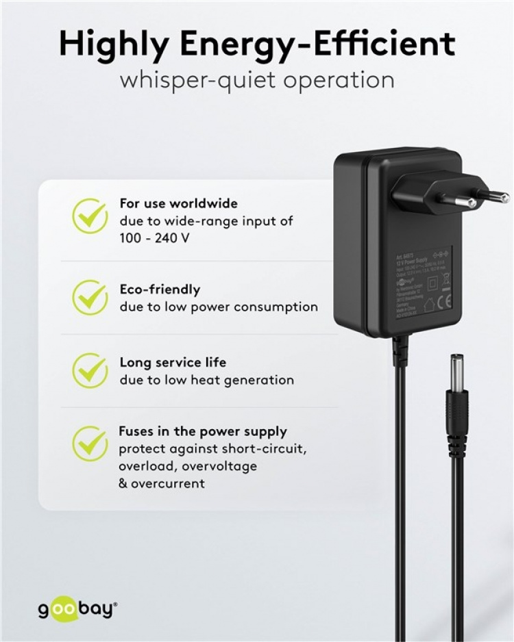 Goobay 12 V nätdel (18 W / 1,5 A) med centrumstift (han) 5,5 mm x 2,5 mm