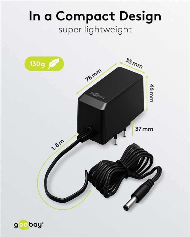 Goobay 12 V nätdel (27 W / 2,25 A) med centrumstift (han) 5,5 mm x 2,1 mm Goobay 12 V nätdel (27 W / 2,25 A) med centrumstift (han) 5,5 mm x 2,1 mm