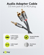 Goobay Ljudadapterkabel AUX, 3,5 mm jack till stereo RCA-kontakt, 3 m Pawl 3,5 mm plugg (3-stift, Stereo) > 2x RCA-kontakt (ljud vänster / höger) Goobay Ljudadapterkabel AUX, 3,5 mm jack till stereo RCA-kontakt, 3 m Pawl 3,5 mm plugg (3-stift, Stereo) > 2x RCA-kontakt (ljud vänster / höger)
