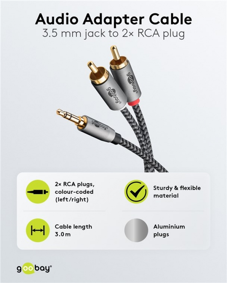Goobay Ljudadapterkabel AUX, 3,5 mm jack till stereo RCA-kontakt, 3 m Pawl 3,5 mm plugg (3-stift, Stereo) > 2x RCA-kontakt (ljud vänster / höger) Goobay Ljudadapterkabel AUX, 3,5 mm jack till stereo RCA-kontakt, 3 m Pawl 3,5 mm plugg (3-stift, Stereo) > 2x RCA-kontakt (ljud vänster / höger)