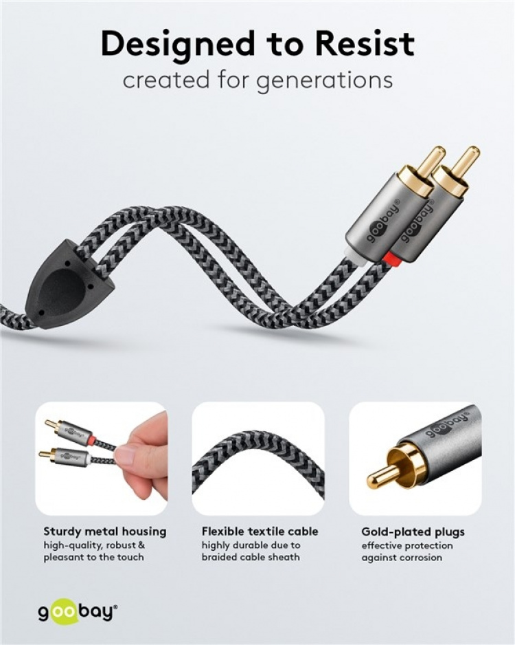 Goobay Stereo RCA-kabel, 3 m 2x RCA-kontakt (ljud vänster / höger) > 2x RCA-kontakt (ljud vänster / höger)