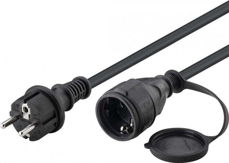 Goobay Strömkabel utomhus, 5 m, svart jordad hybrid stickpropp (typ E/F, CEE 7/7) > jordat uttag (typ F, CEE 7/3)