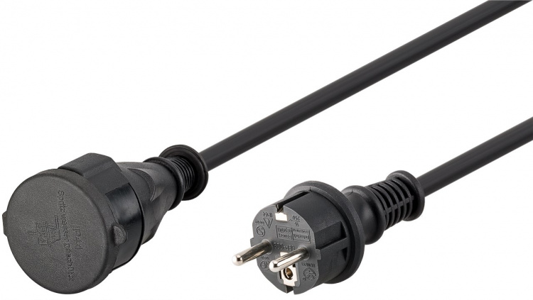 Goobay Strömkabel utomhus, 5 m, svart jordad hybrid stickpropp (typ E/F, CEE 7/7) > jordat uttag (typ F, CEE 7/3)