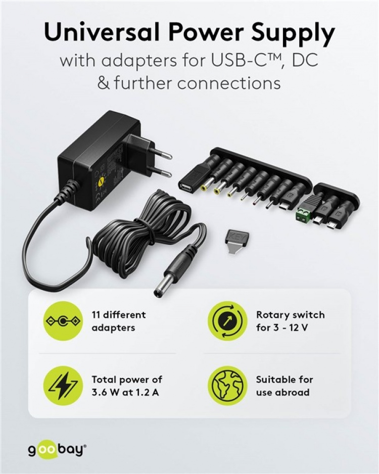 Goobay Universalnätdel 3 V - 12 V, max. 3,6 W inkl. 11 adaptrar: 7 DC-adaptrar plus USB-C™, USB-A, USB Mini-B, Micro-USB och terminalblock