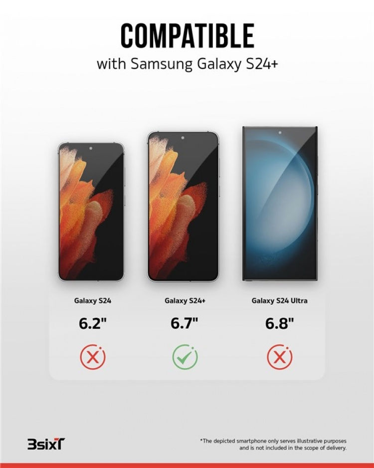 3SIXT 4in1 Protection Bundle mobilskal, skärmskydd, kameraskydd och stressfri applikator, kompatibel med Samsung Galaxy S24+, transparent