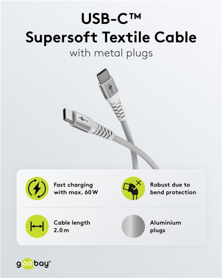 Goobay USB-C™ supersoft textilkabel med metallkontakter, 2 m, vit elegant och extra robust anslutningskabel för enheter med USB-C™-port Goobay USB-C™ supersoft textilkabel med metallkontakter, 2 m, vit elegant och extra robust anslutningskabel för enheter med USB-C™-port