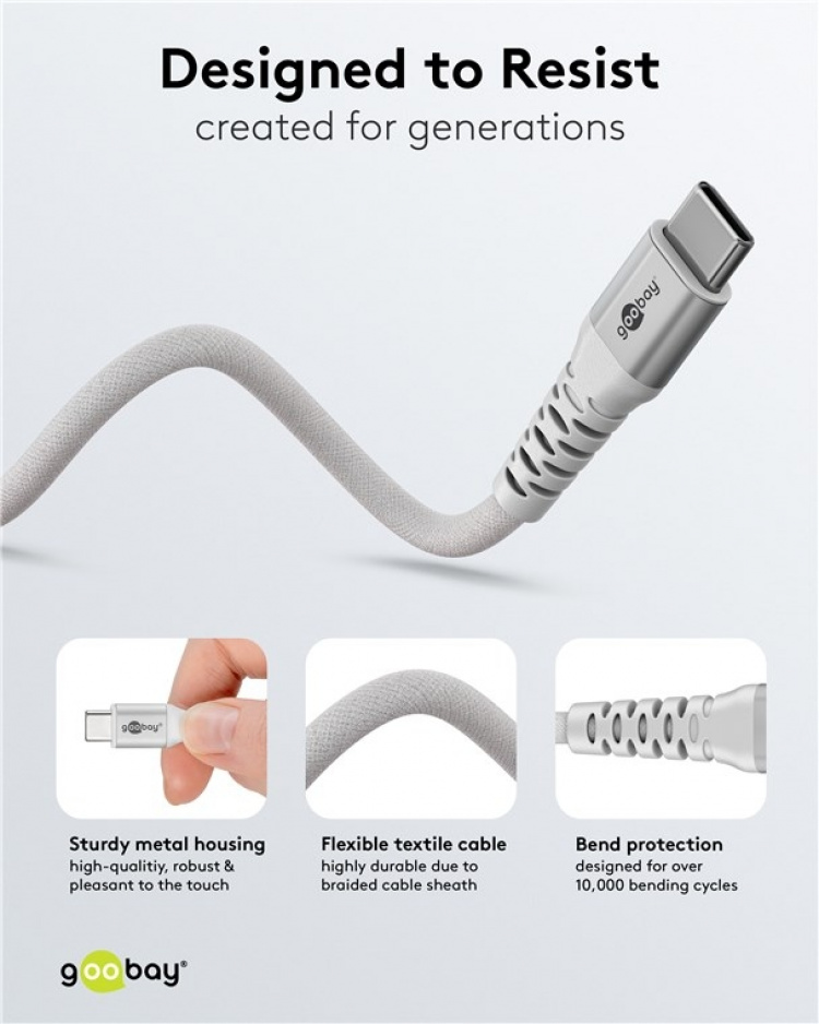 Goobay USB-C™ supersoft textilkabel med metallkontakter, 2 m, vit elegant och extra robust anslutningskabel för enheter med USB-C™-port Goobay USB-C™ supersoft textilkabel med metallkontakter, 2 m, vit elegant och extra robust anslutningskabel för enheter med USB-C™-port