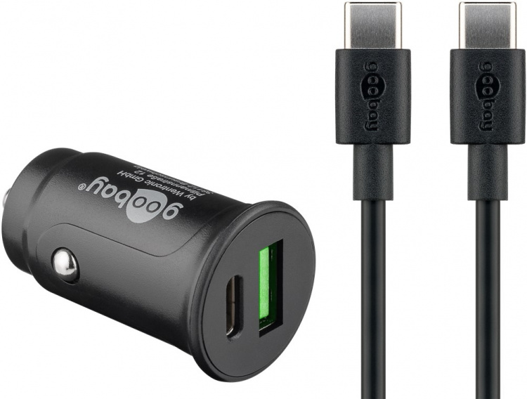 Goobay Dual USB snabbladdare för bil USB-C™ (27 W) laddningsadapter för bil med 1x USB-C™ och 1x USB-A, USB-C™-kabel, 1 m, svart Goobay Dual USB snabbladdare för bil USB-C™ (27 W) laddningsadapter för bil med 1x USB-C™ och 1x USB-A, USB-C™-kabel, 1 m, svart