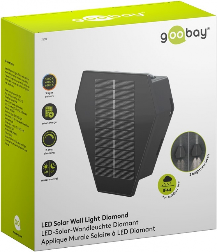 Goobay LED-vägglampa med solcell Diamant, svart 45 lm, 3 lägen varmvit till kallvit (3000, 4200, 6500 K), för indirekt utomhusbelysning