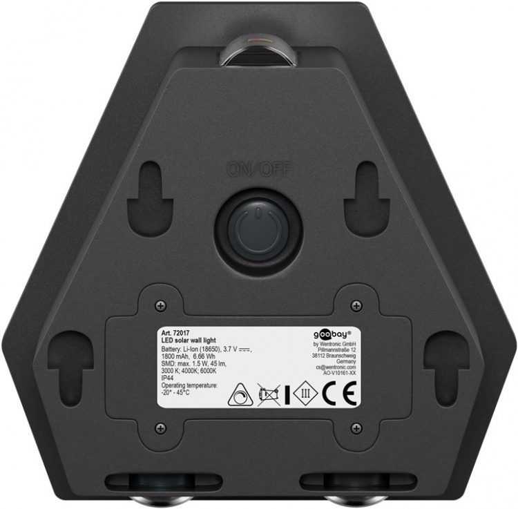 Goobay LED-vägglampa med solcell Diamant, svart 45 lm, 3 lägen varmvit till kallvit (3000, 4200, 6500 K), för indirekt utomhusbelysning