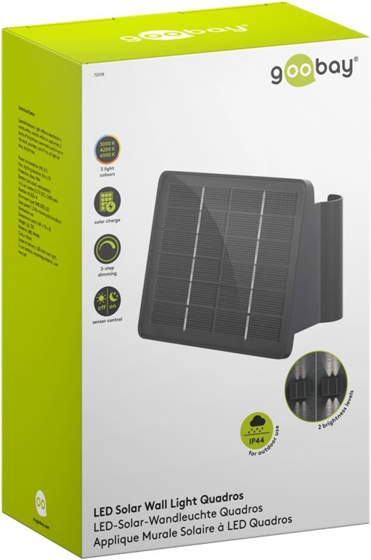 Goobay LED-vägglampa med solcell Quadros, svart 50 lm, 3 lägen varmvit till kallvit (3000, 4200, 6500 K), för indirekt utomhusbelysning Goobay LED-vägglampa med solcell Quadros, svart 50 lm, 3 lägen varmvit till kallvit (3000, 4200, 6500 K), för indirekt utomhusbelysning