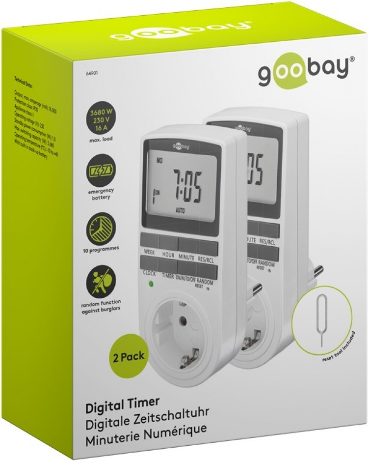 Goobay Digital timer, set om 2 programmerbar timer med kontakt med skyddsjord (typ F) Goobay Digital timer, set om 2 programmerbar timer med kontakt med skyddsjord (typ F)