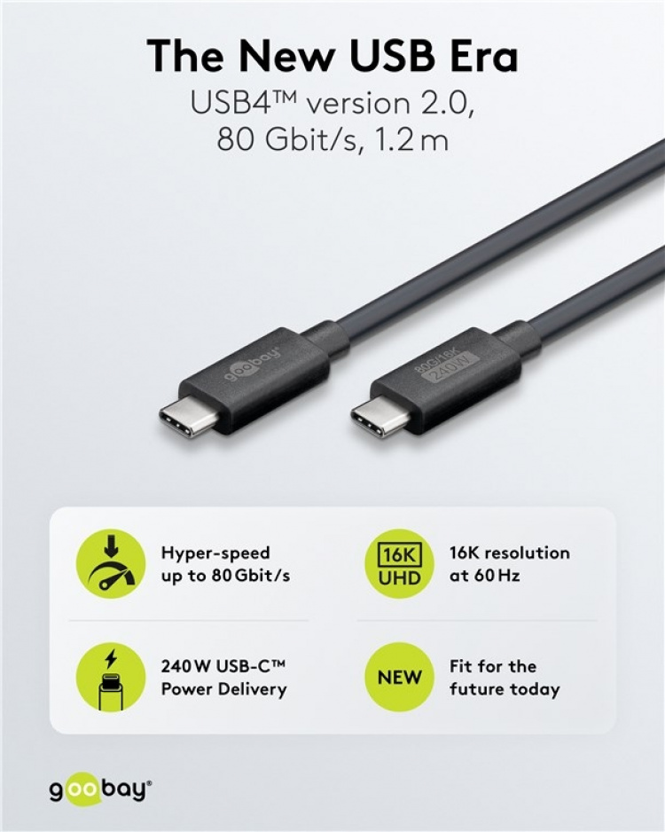 Goobay USB-C™-kabel, USB4™ version 2.0, 240 W, 80 Gbit/s, Power Delivery, 1,2 m USB-C™-kontakt > USB-C™-kontakt