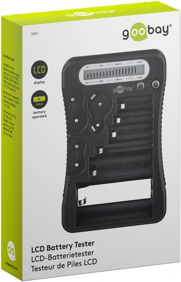 Goobay Batteriprovare med LCD-display för standard- och fotobatterier och alla vanliga knappceller Goobay Batteriprovare med LCD-display för standard- och fotobatterier och alla vanliga knappceller