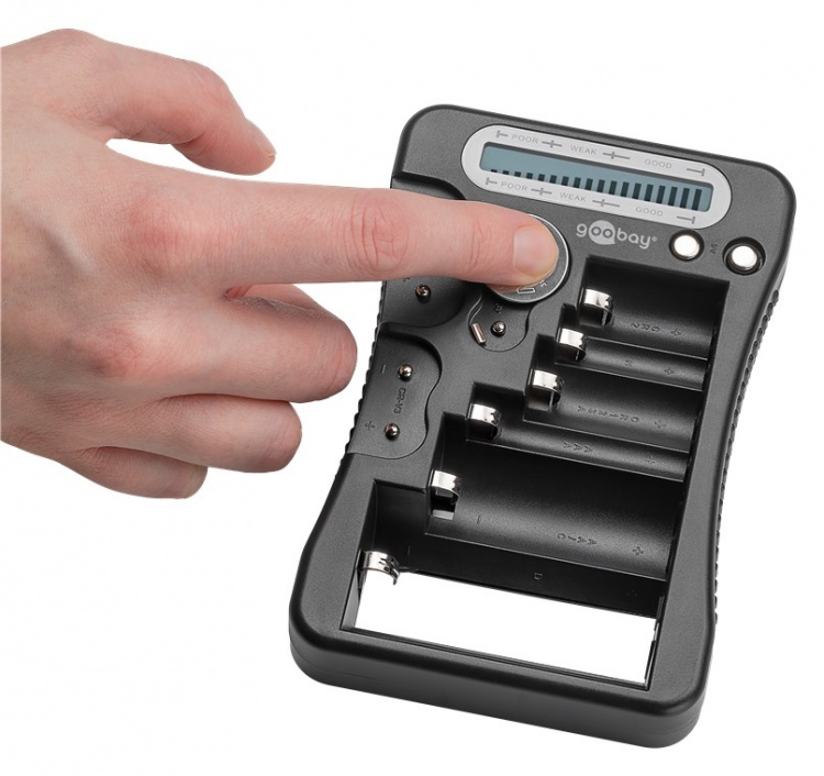 Goobay Batteriprovare med LCD-display för standard- och fotobatterier och alla vanliga knappceller Goobay Batteriprovare med LCD-display för standard- och fotobatterier och alla vanliga knappceller