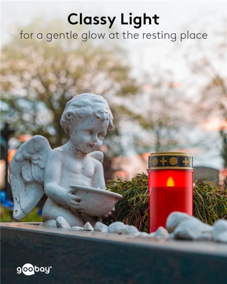 Goobay LED gravljus med timer, rött varmvit (2400 K), batteridriven (2x C/LR14), för inom- och utomhusbruk (IP44) Goobay LED gravljus med timer, rött varmvit (2400 K), batteridriven (2x C/LR14), för inom- och utomhusbruk (IP44)