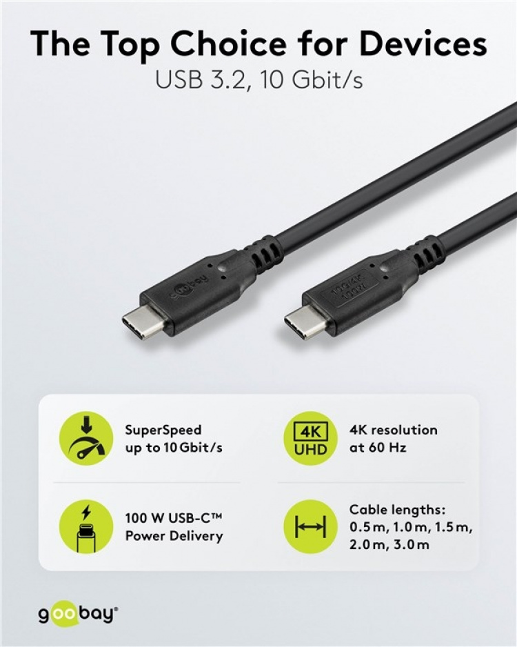 Goobay USB-C™-kabel, USB 3.2, 100 W, 10 Gbit/s, Power Delivery, 2 m USB-C™-kontakt > USB-C™-kontakt