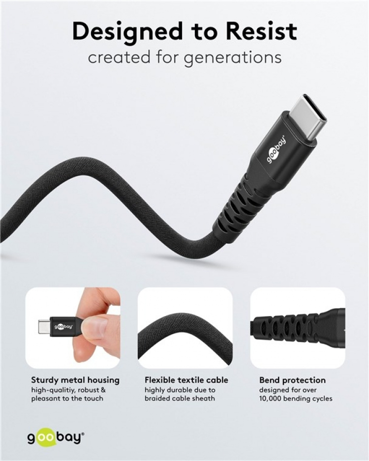 Goobay USB-C™ supersoft textilkabel med metallkontakter, 3 m, svart elegant och extra robust anslutningskabel för enheter med USB-C™-port Goobay USB-C™ supersoft textilkabel med metallkontakter, 3 m, svart elegant och extra robust anslutningskabel för enheter med USB-C™-port